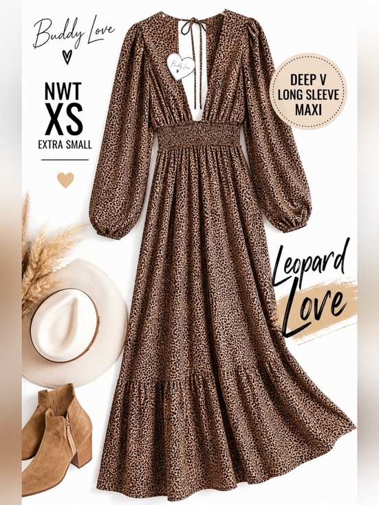 Buddy Love Dresses & Skirts - BuddyLove Leopard Maxi Dress XS NWT Boho Deep V Long Sleeve Smocked Waist